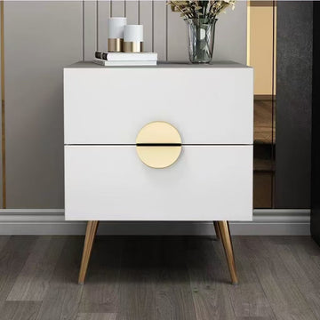 Modern White Glossy Finish Wooden Nightstand,Bedside Table With Golden And Black Legs,Two Deep Drawers With Golden And Black Handles, For Bedroom Storage And Organization,Bedroom Organizers