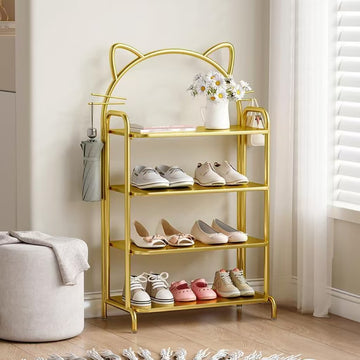 4-Layer Cat-Shaped Golden Metal Shoe Rack