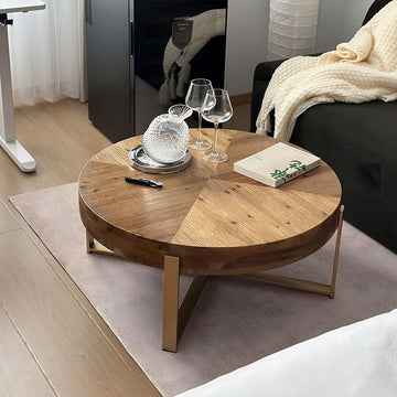 Retro Round Coffee Table With Wooden Tabletop and Ironwork Leg