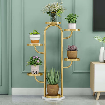 Golden Cactus-shaped Metal Iron Flower Stand With Marble Base Flower Pots Display Rack For Indoor, Outdoor, Balcony Room Decor Plant Stand