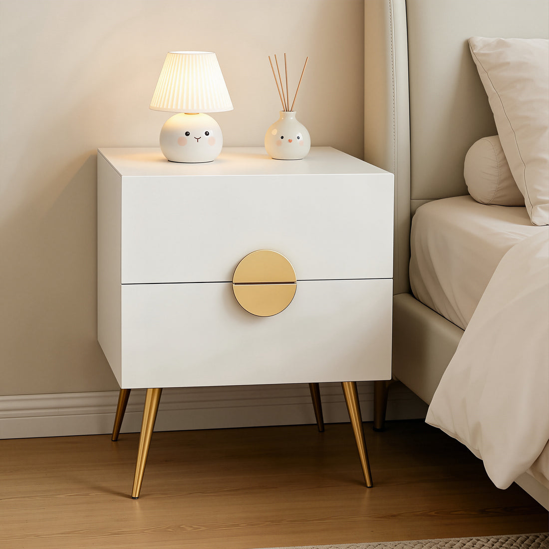 GStone Modern White Glossy Finish Wooden Nightstand,Bedside Table With Golden And Black Legs,Two Deep Drawers With Golden And Black Handles, For Bedroom Storage And Organization,Bedroom Organizers