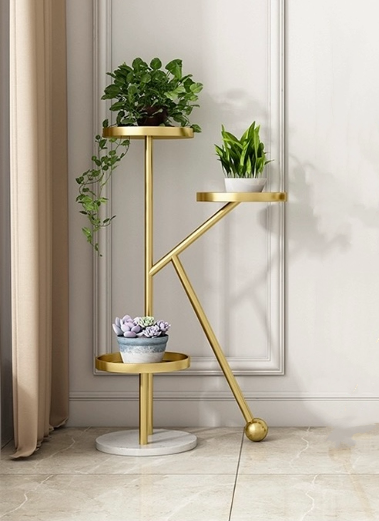 Stable Golden Metal Iron K-Shaped Flower Stand With Mable Base Indoor&outdoor Balcony Plant Flower Rack