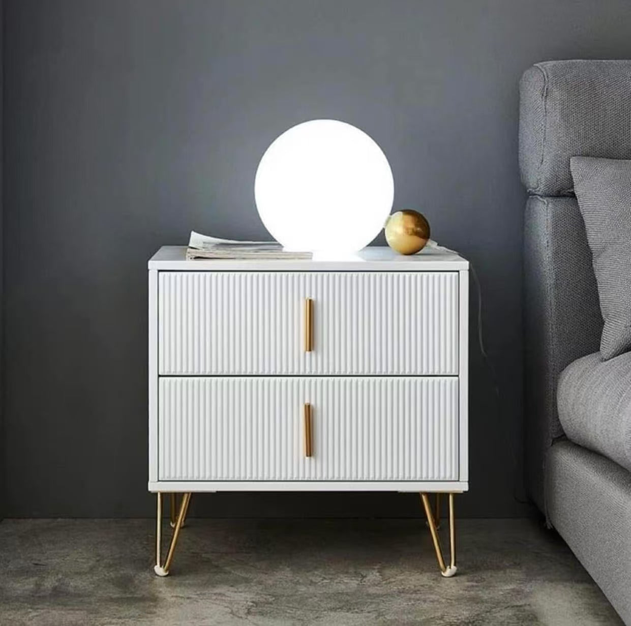 Bedside Table, Modern Glossy Nightstand With Two Deep Drawers,Legged Bedside Table For Bedroom