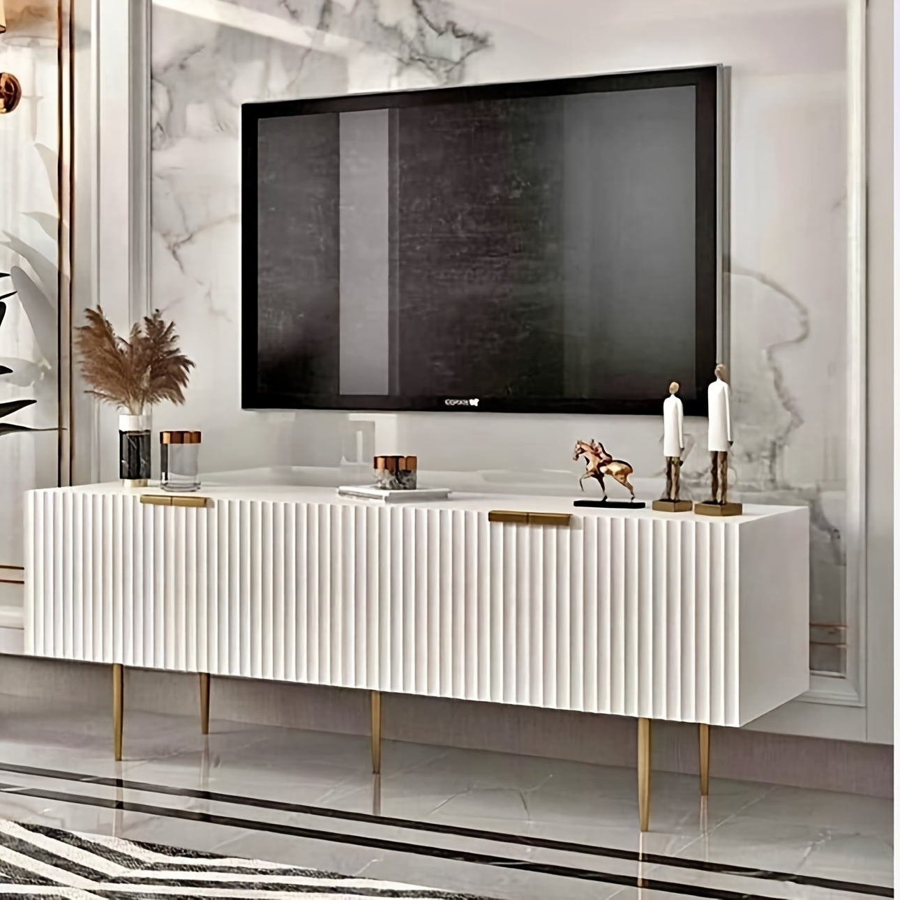 Fluted White Glossy Finish TV Stand Mordern Cabinet