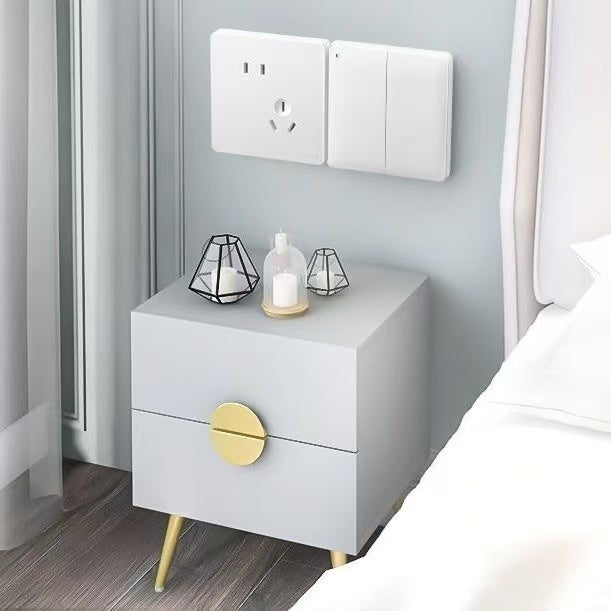 Modern White Glossy Finish Wooden Nightstand,Bedside Table With Golden And Black Legs,Two Deep Drawers With Golden And Black Handles, For Bedroom Storage And Organization,Bedroom Organizers