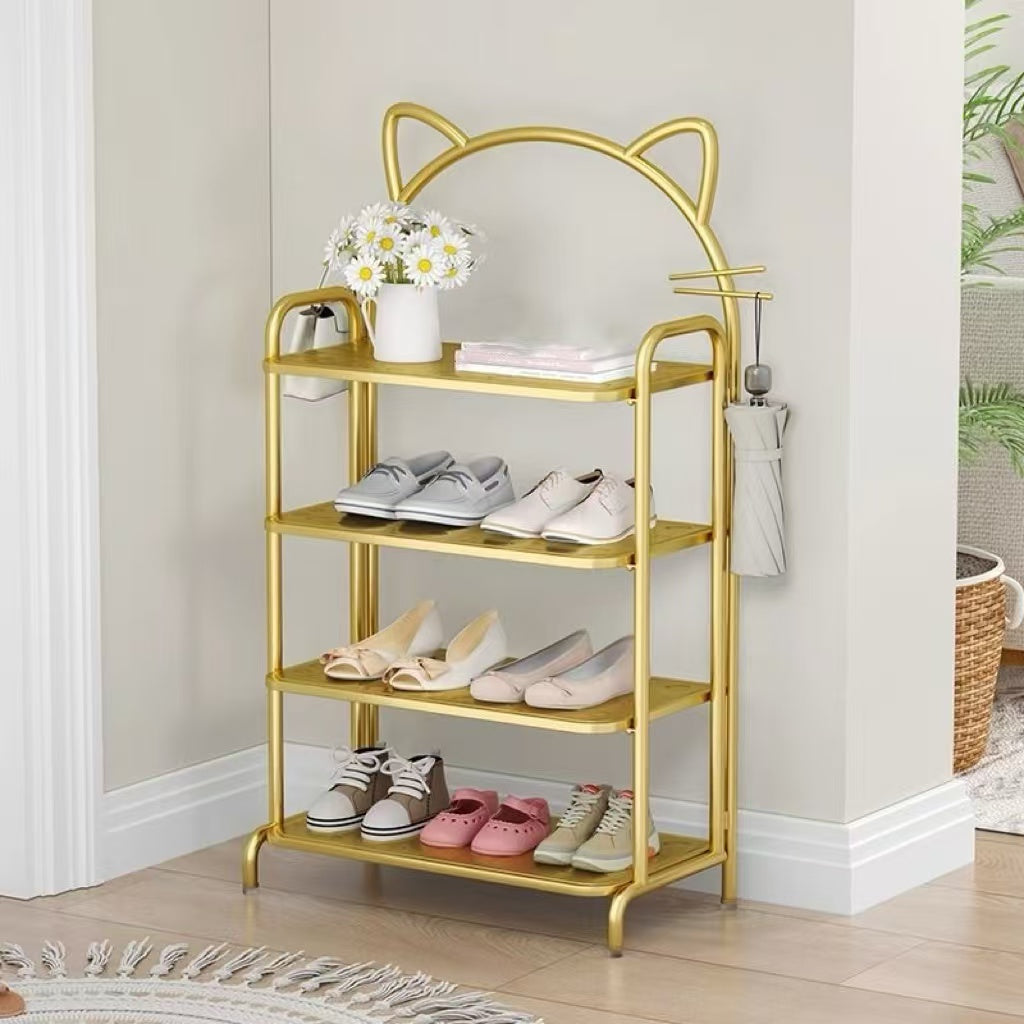4-Layer Cat-Shaped Golden Metal Shoe Rack