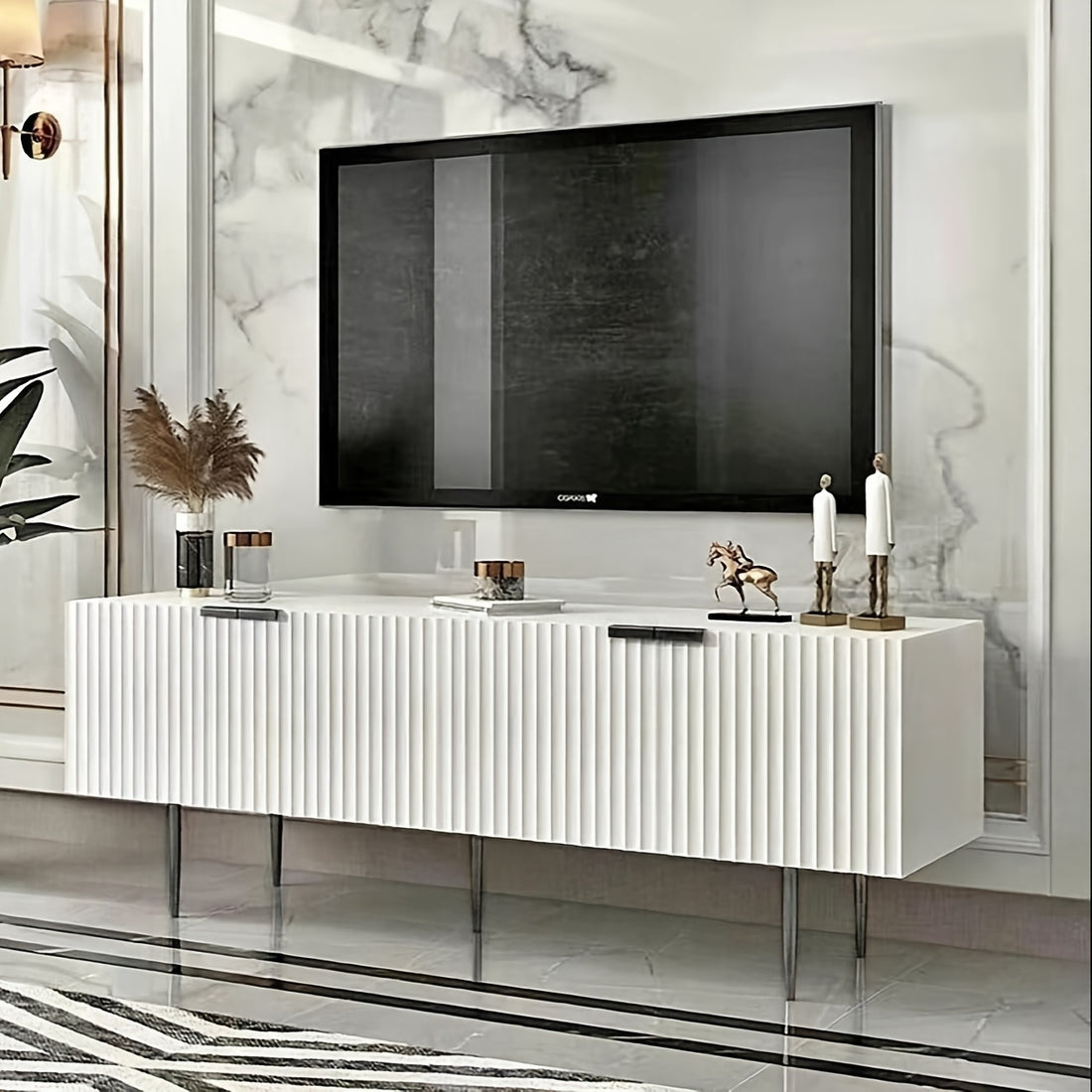 Fluted White Glossy Finish TV Stand Mordern Cabinet