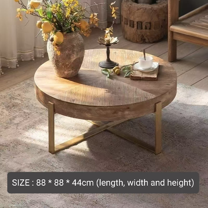 Retro Round Coffee Table With Wooden Tabletop and Ironwork Leg