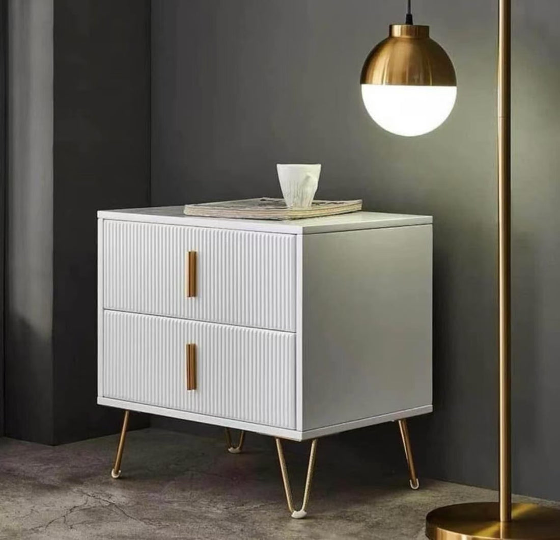 Bedside Table, Modern Glossy Nightstand With Two Deep Drawers,Legged Bedside Table For Bedroom