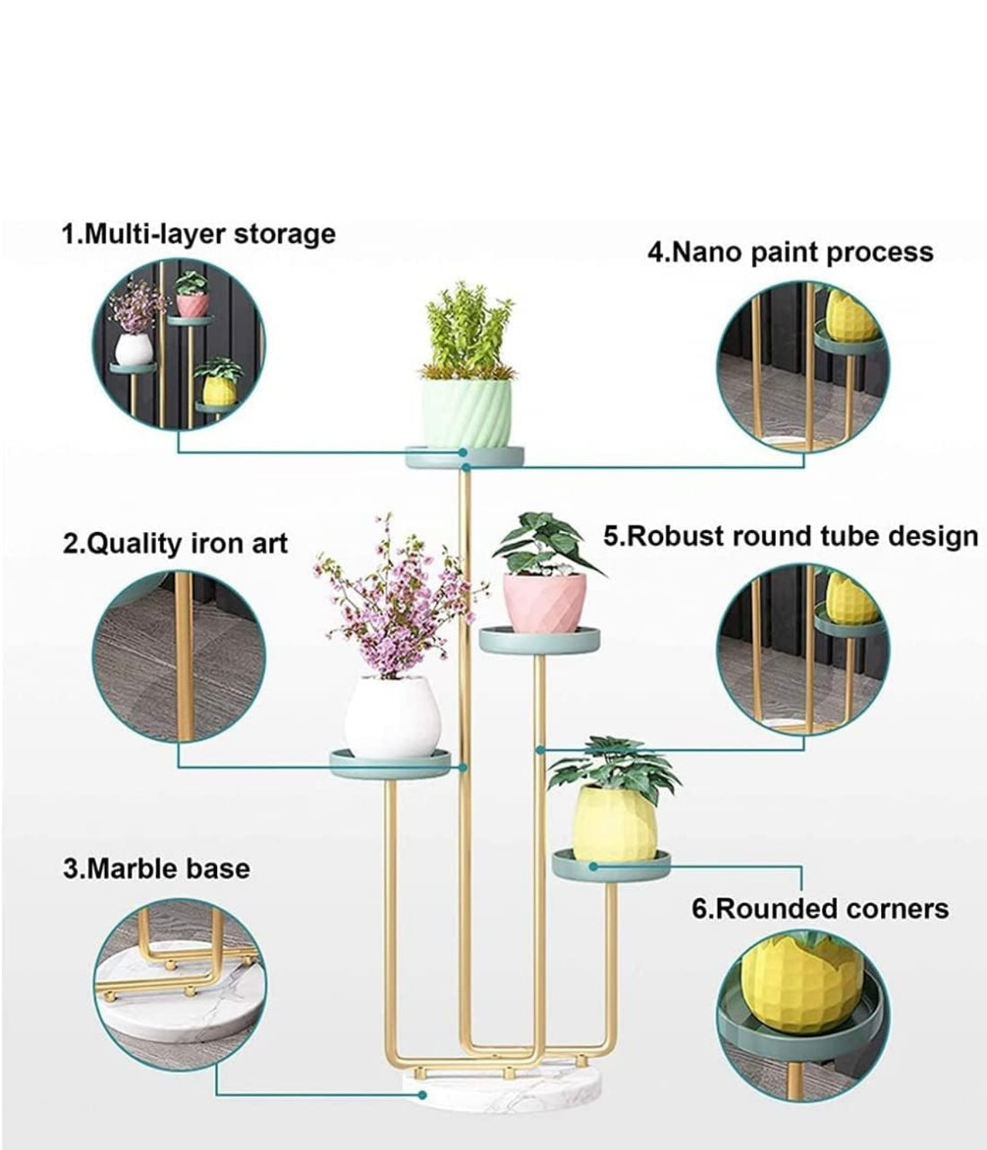 Golden Multi-layer Metal Iron Flower Stand With Marble Base Indoor&outdoor Living Room Balcony Home Balcony Storage Rack Indoor Plant Stand