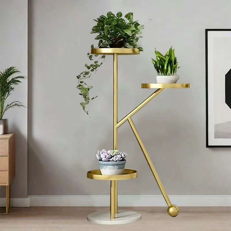 Stable Golden Metal Iron K-Shaped Flower Stand With Mable Base Indoor&outdoor Balcony Plant Flower Rack