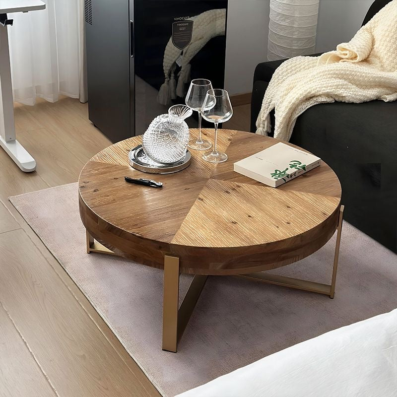 Retro Round Coffee Table With Wooden Tabletop and Ironwork Leg