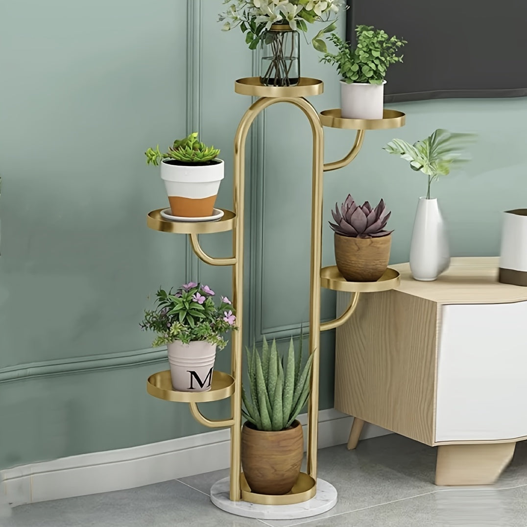 Golden Cactus-shaped Metal Iron Flower Stand With Marble Base Flower Pots Display Rack For Indoor, Outdoor, Balcony Room Decor Plant Stand