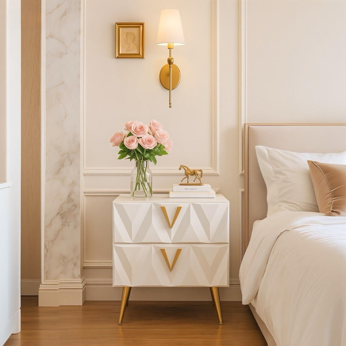 Modern Bedside Table with V-Shaped Gold Handles, 2-Drawer Nightstand with Solid Wood Drawers and Smooth Finish
