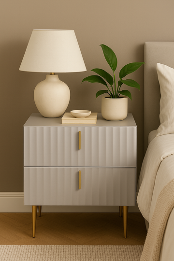 Fluted Modern Nightstand  2-Drawer Glossy Light Grey bedside table