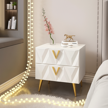 Modern Bedside Table with V-Shaped Gold Handles, 2-Drawer Nightstand with Solid Wood Drawers and Smooth Finish