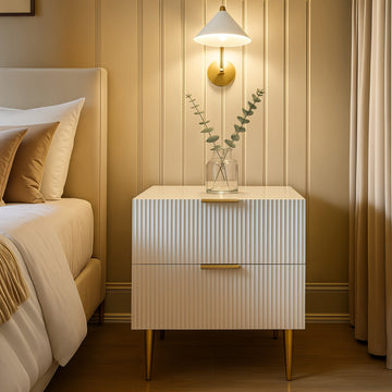 Modern Nightstand with Fluted 2 Solid Wood Drawers, Elegant High Gloss Bedside Table with Deep Storage
