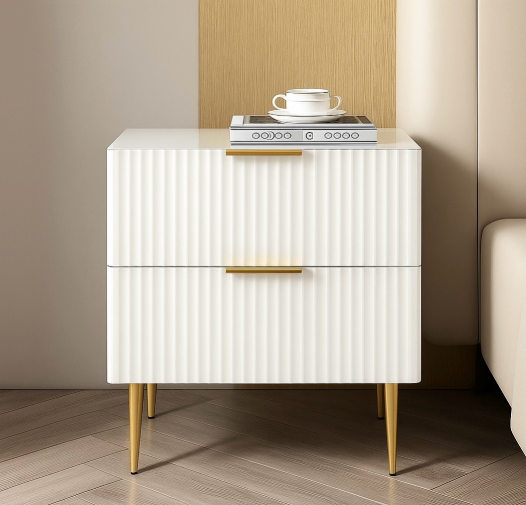 Modern Nightstand with Fluted 2 Solid Wood Drawers, Elegant High Gloss Bedside Table with Deep Storage