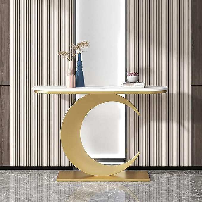 Console Table With Iron Moon Shape Base; Slate Porch Table