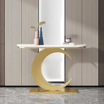 Console Table With Iron Moon Shape Base; Slate Porch Table