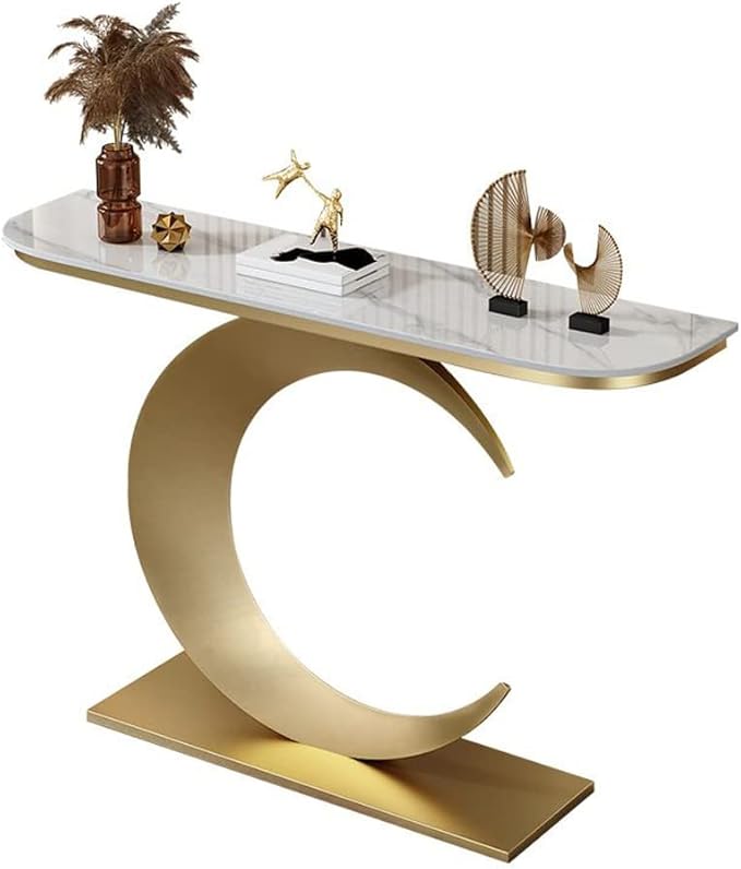 Console Table With Iron Moon Shape Base; Slate Porch Table