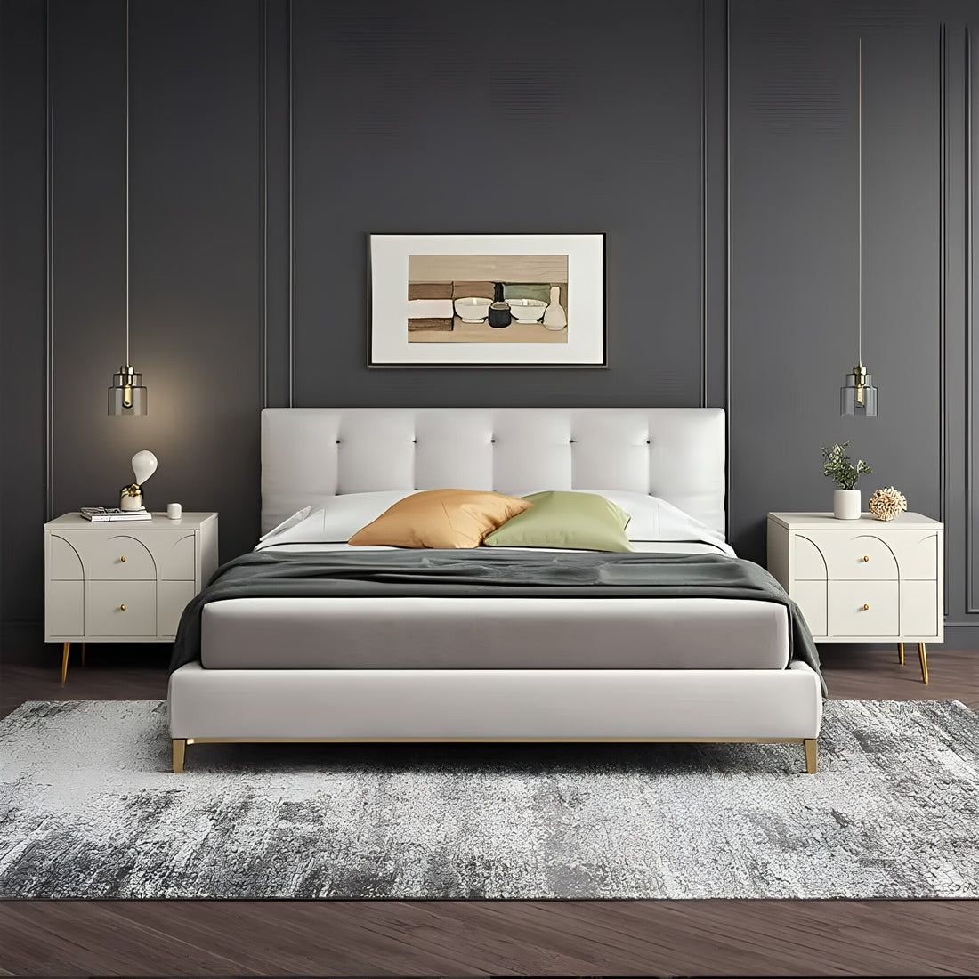 GStone Modern Ivory 2-Drawer Nightstand, Smooth Finish Bedside Table with Gold Metal Legs, Minimalist Modern Accent Table for Bedroom