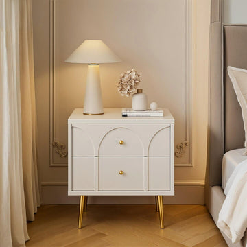 GStone Modern Ivory 2-Drawer Nightstand, Smooth Finish Bedside Table with Gold Metal Legs, Minimalist Modern Accent Table for Bedroom