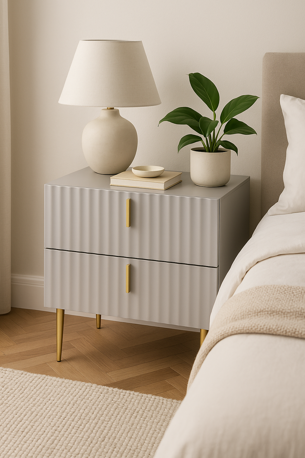 Fluted Modern Nightstand  2-Drawer Glossy Light Grey bedside table
